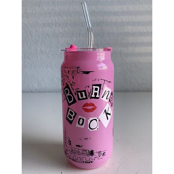 Mean Girls Burn Book Glass Tumbler Pink Drink Christmas With Glass Straw NEW - Picture 1 of 13